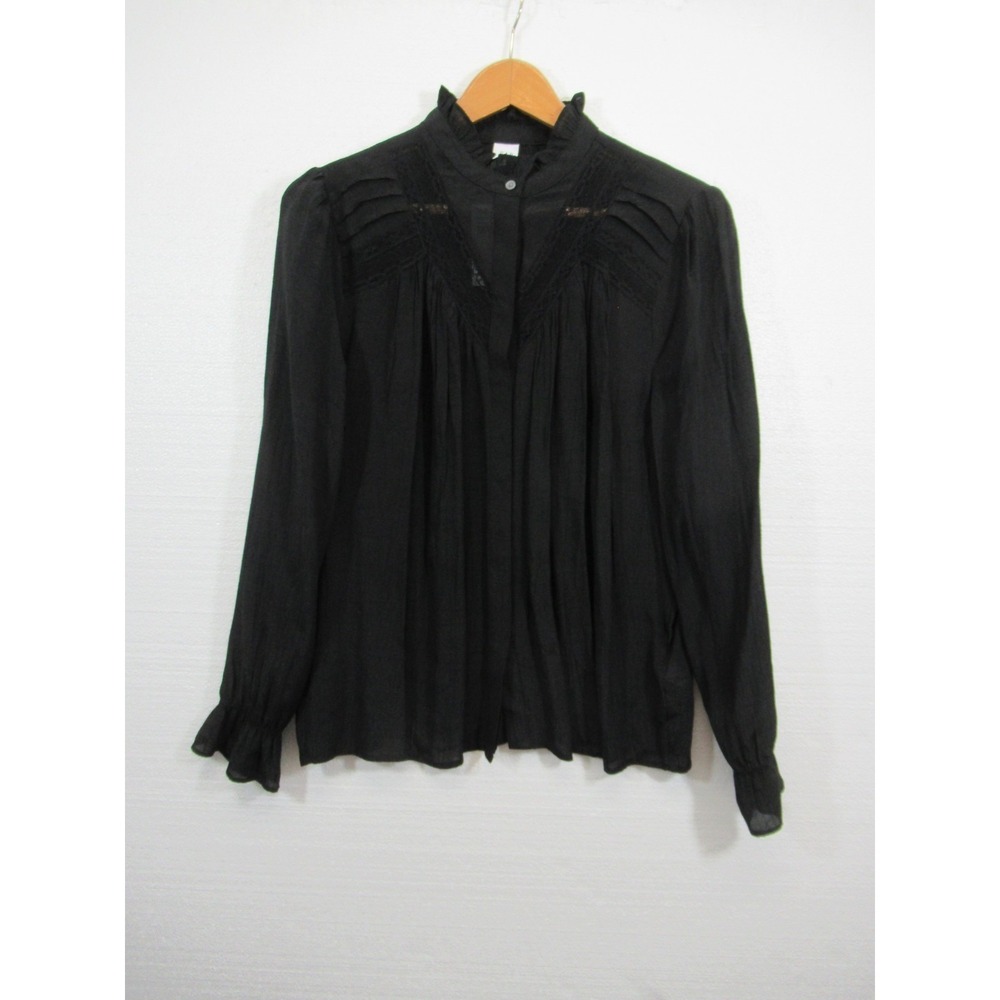 NEW Gap High Neck Pleated Blouse Women M Black Puff Sleeve Lace Gothic Victorian